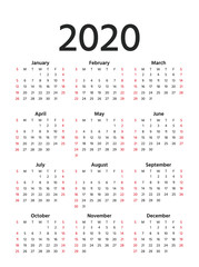2020 calendar in simple style. Vector. Stationery 2020 year template in minimal design. Week starts Sunday. Portrait orientation illustration. Yearly calendar organizer for weeks.