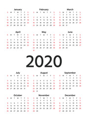 2020 Calendar. Vector. Stationery 2020 year vertical template calender in simple minimal design. Week starts Sunday. Yearly calendar organizer for weeks. Portrait orientation, english.