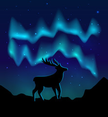 Landscapes northern lights in the starry sky and  with silhouette of deer on mountains. vector eps10