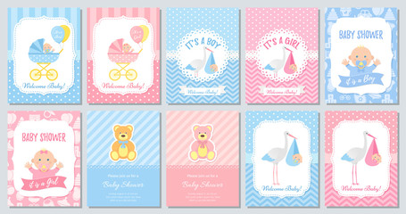 Naklejka na ściany i meble Baby Shower card. Vector. Invitation with baby boy, girl. Template invite banner. Cute blue pink pastel design. Birth party background. Greeting holiday poster. Cartoon flat illustration.