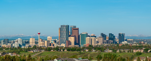 Fototapeta na wymiar Panoramic view of Calgary's skyline on a summer day.