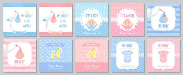Fototapeta premium Baby Shower invitation. Vector. Baby boy girl invite card. Welcome template banner. Blue, pink design. Birth party background. Set greeting posters with newborn kid, stork, horse. Cartoon illustration