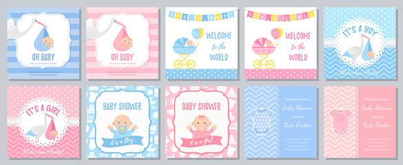 Baby Shower card. Vector. Baby boy girl invitation. Welcome invite template banner. Blue, pink design. Birth party background. Set greeting posters with newborn kid, stork, pram. Cartoon illustration