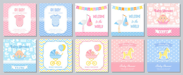 Baby Shower card. Vector. Baby girl boy invitation. Welcome invite template banner. Blue pink design. Birth party background. Greeting posters with newborn kid, stork, onesie. Cartoon illustration © maradaisy