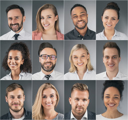 Collage of portraits ethnically diverse business people.