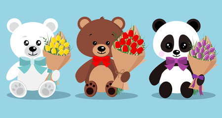 Set of isolated cute elegant holiday bears with bow tie in sitting pose with bouquet of tulips flowers: brown bear, polar bear, panda on blue background. Vector illustration in cartoon flat style.