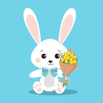 Isolated cute romantic elegant white bunny rabbit in sitting pose with blue bow tie and bouquet of yellow tulips in paw on blue background in flat cartoon style. Vector holiday character illustration