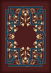 Rectangular ornate framework. Dark red, blue and golden colors. Floral elements. Book cover or icon case design. A4 page proportions. ¬¬
