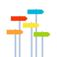 Multicolor sign directional pointer. Navigation arrow. Choosing path, destination, goal, getting results. Vector illustration on white background
