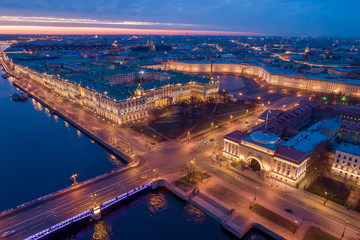 Saint-Petersburg. Russia. Night St. Petersburg top panorama. Palace bridge at night. Neva river. Petersburg bridges. St. Petersburg architecture. Admiralty. Vasilievsky island. Russian cities.