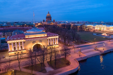 Saint-Petersburg. Russia. Night St. Petersburg panorama. Admiralty embankment at night. Neva river. Petersburg bridges. St. Petersburg architecture. Admiralty. Isaakievsky cathedral. Russian cities.