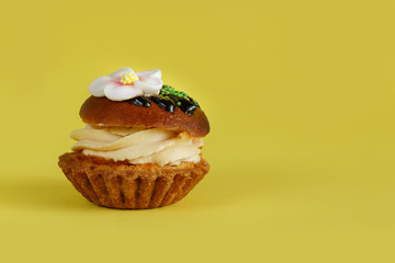 Basket cake on a yellow background