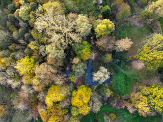 Aerial view of beautiful garden during autumn season. Scenic View of a beautiful  garden with a large green grass, little pound of water.