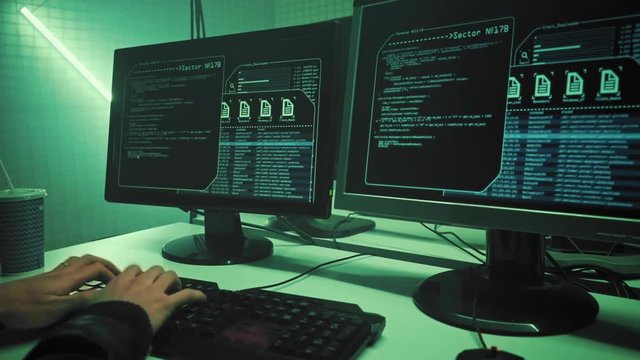 Team of Teenage Hackers Successfully Attack Global Infrastructure Servers. Display Showing Stages of Hacking in Progress: Exploiting Vulnerability, Executing and Granted Access.