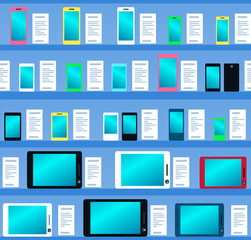 shelves in the store with mobile phones and tablets. vector illustration. seamless pattern.