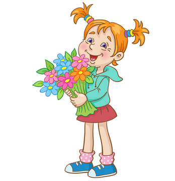 Cute little girl stands with a  big bouquet in her hands.  In cartoon style. Isolated on white background. Vector illustration.