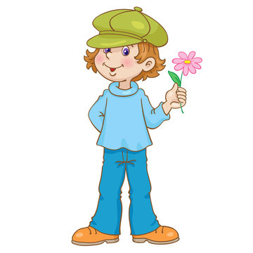 Funny boy in a cap with a flower in his hand.  In the cartoon style. Isolated on white background. Vector illustration.
