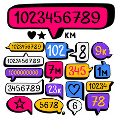 Hand drawn doodle speech bubbles set and social counter with numbers. Vector illustration