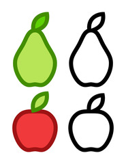 Colorful icons of Pear and Apple and their Contours - Vector line art illustrations on white background isolated.