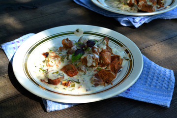 Meat stewed with vegetables in white sauce  russian goulash.