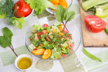 Plate with fresh mixed vegetables salad with greens close-up. Vegan vegetarian healthy food 