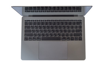 Top view of modern retina laptop with English keyboard isolated on white background. High quality.