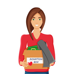Vector Illustration of Clothes Donation. Girl is Holding Donation Carton Box Full of Clothes and Shoes. Concept Design of Donate Clothes. Concept for Social Care and Charity Day