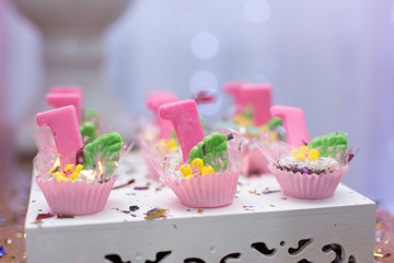 Close up de docinhos de festa infantil feminina com o tema do Panda.