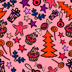 Doodle happy new year seamless pattern with spruce, ginger bread man, present, cake, candy, star. Festival wrapping paper, wallpaper. Vector illustration.