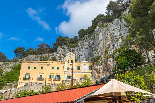 Facade of Sanctuary of Santa Rosalia (Italian: Santuario di Santa Rosalia), sanctuary in Palermo, Sicily, Italy. Located inside a ravine of rock, almost on the top of Mount Pellegrino