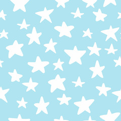 Seamless pattern with hand drawn stars on blue background. Sky background. Vector illustration.