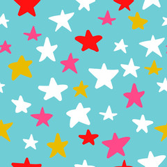 Seamless pattern with hand drawn stars on blue  background. Sky background. Vector illustration.