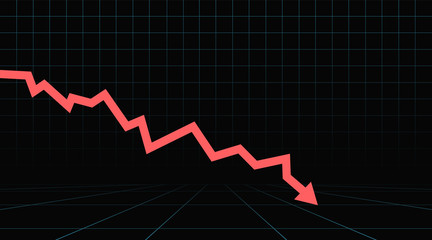 Arrow pointing downwards showing crisis. Stock or financial market crash with red arrow on a black background.