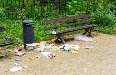 Waste besides a trash can and bench at the Grosser Garten in Dresden, Germany. Birds are the most...