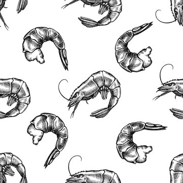 Seamless pattern with black and white shrimp