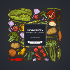 Obraz premium Square floral design on dark background with onion, garlic, pepper, broccoli, radish, green beans, potatoes, cherry tomatoes, peas, celery, beet, greenery, chinese cabbage, cabbage, carrot
