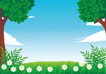 Obraz premium Nature vector illustration with tree, grass, flower and blue sky suitable for background or frame design 