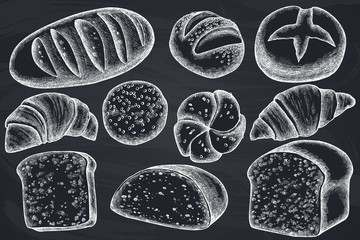 Naklejka premium Vector set of hand drawn chalk buns and bread, croissants and bread