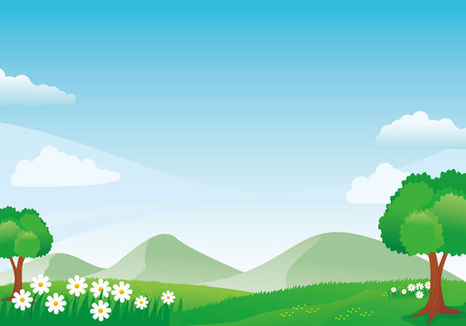 Beautiful mountain scenery with flowers, grass, meadow and blue sky
