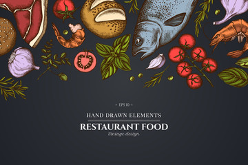 Floral design on dark background with garlic, cherry tomatoes, peas, fish, shrimp, cabbage, beef, buns and bread, croissants and bread, basil, rosemary