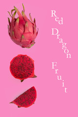 Set of red dragon fruit on pink background with copy space or text,  flat lay of fruit