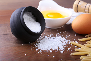 egg, flour, salt, ingredients for pasta penne bolognese