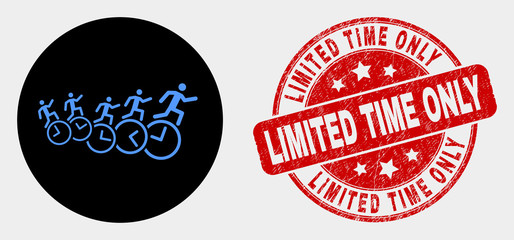 Rounded people run over clocks icon and Limited Time Only stamp. Red round grunge seal stamp with Limited Time Only caption. Blue people run over clocks icon on black circle.