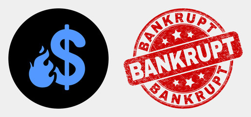 Rounded dollar fire icon and Bankrupt stamp. Red rounded grunge seal stamp with Bankrupt text. Blue dollar fire icon on black circle. Vector composition for dollar fire in flat style.