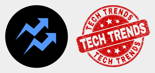 Rounded trend arrows icon and Tech Trends watermark. Red rounded textured watermark with Tech Trends text. Blue trend arrows icon on black circle. Vector combination for trend arrows in flat style.