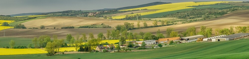 Fototapeta na wymiar Moravian village and its fields in the spring, spring panorama of fields sown with cereals, flourishing rape fields and lands prepared for corn, landscape of southern Moravia, rural areas