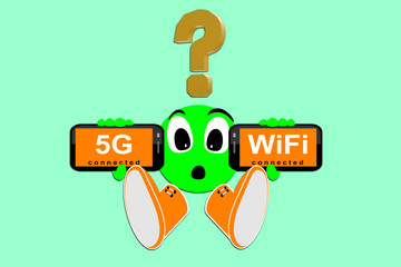 Illustration, 5G and wifi. emoticon with the question mark,. Speed of the massive connectivity of the device and new protocols in development. Telecommunications New Generation Network Connectivity.