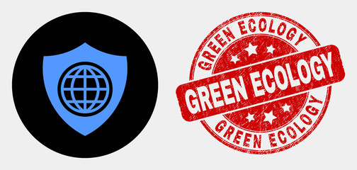 Obraz premium Rounded global shield icon and Green Ecology watermark. Red rounded grunge seal with Green Ecology text. Blue global shield icon on black circle. Vector composition for global shield in flat style.