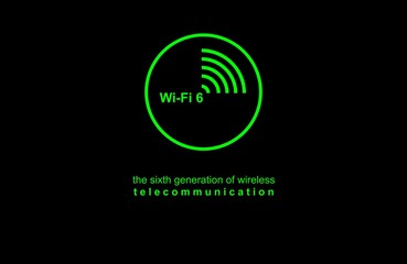 Illustration, button, icon, WiFi 6 WLAN High Efficiency Wireless. Speed of the massive connectivity of the device, new protocols in development. Telecommunications New Generation Network Connectivity.