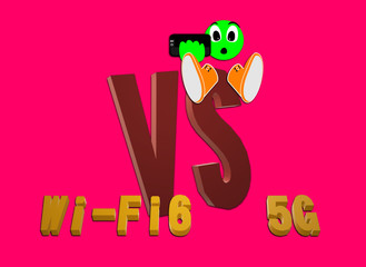 Fototapeta premium Illustration, 5G and wifi 6, emoticon with an expression of surprise. Speed of the massive connectivity of the device and new protocols in development. Telecommunications. Comparison 5g VS Wi-Fi 6